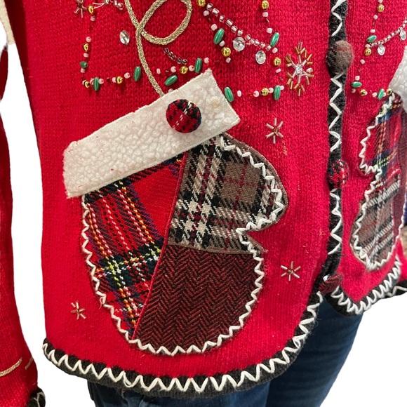 Vintage Beaded Patchwork Christmas Cardigan Sweater - Picture 5 of 14